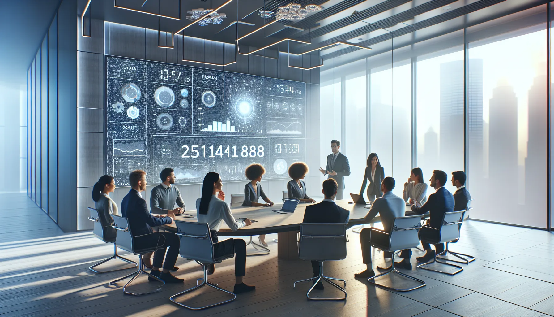 diverse team collaborating on data visualizations in a modern office.