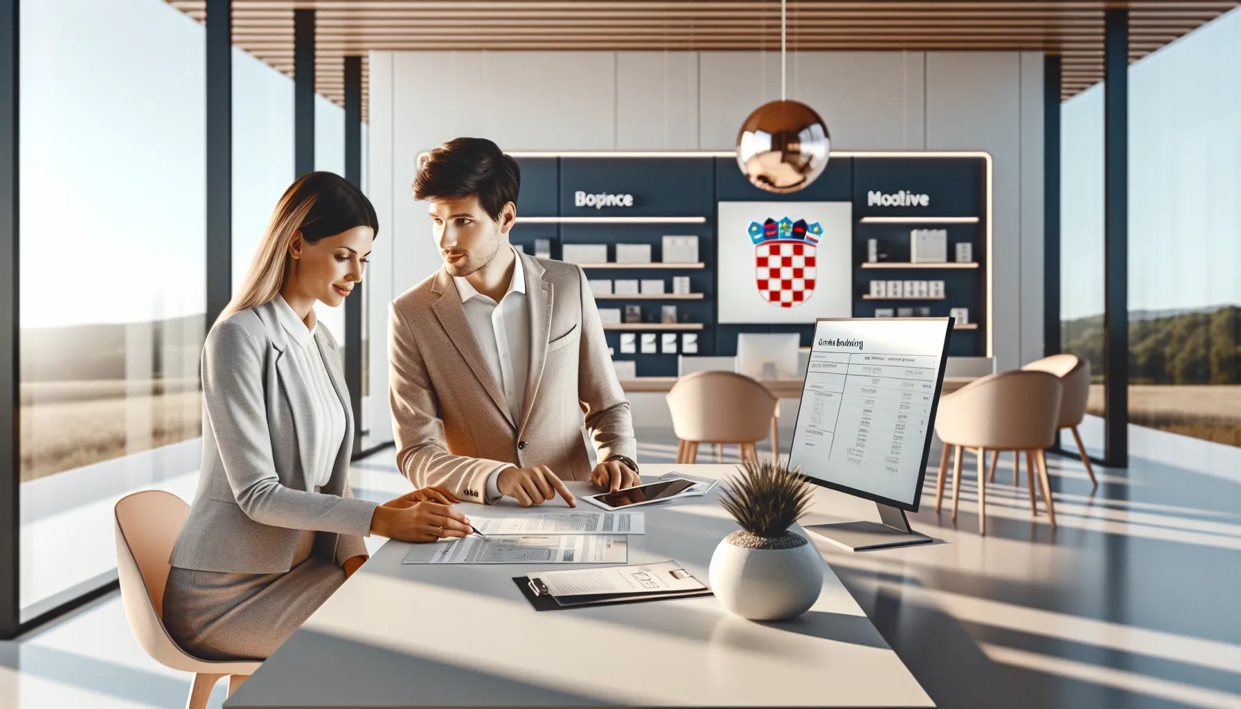 Croatian banker consulting with client about banking account services in modern office