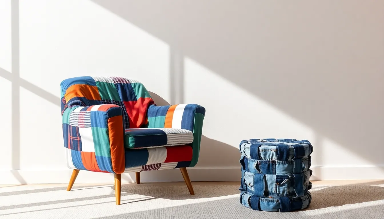 unique chair and side table made from upcycled shirts and denim.