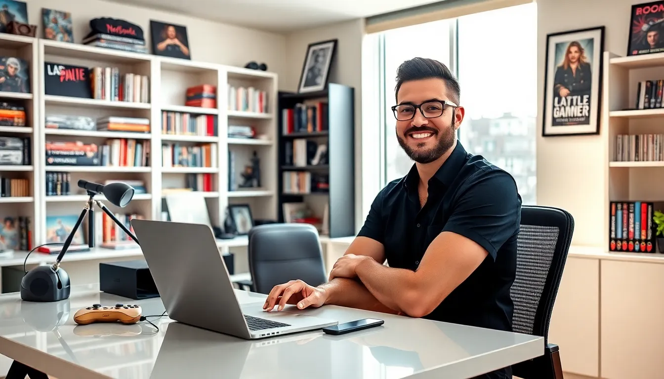 Jeffery Williams in a modern office setting, surrounded by gaming memorabilia.