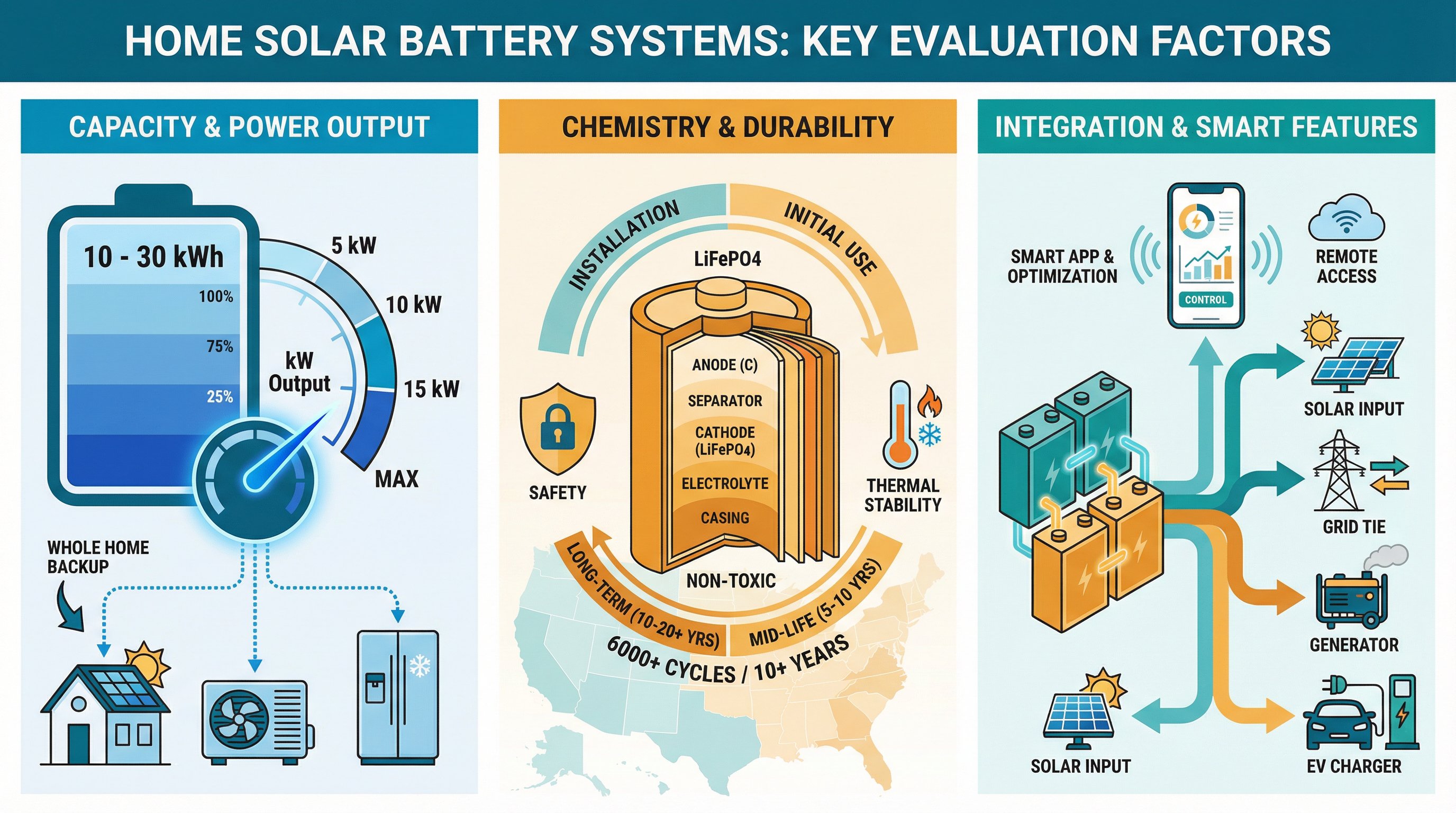 Infographic comparing capacity, chemistry, and integration factors for home solar battery backup systems.