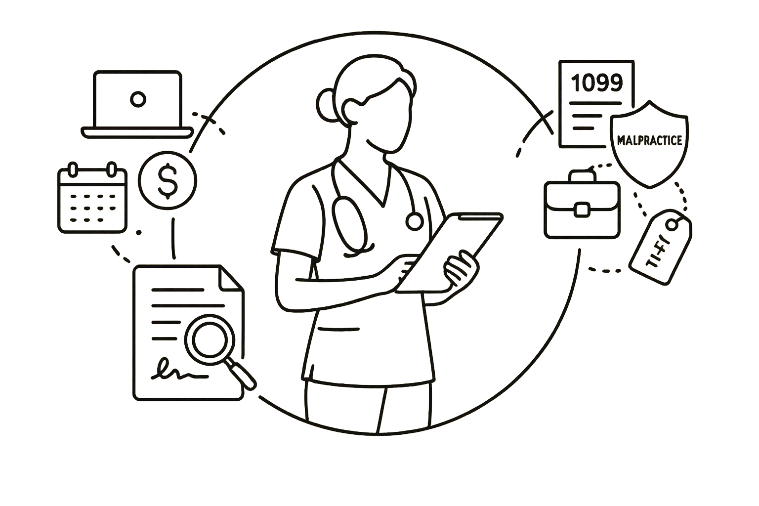 Nurse practitioner between autonomy icons and contractor cost icons with contract magnifier.