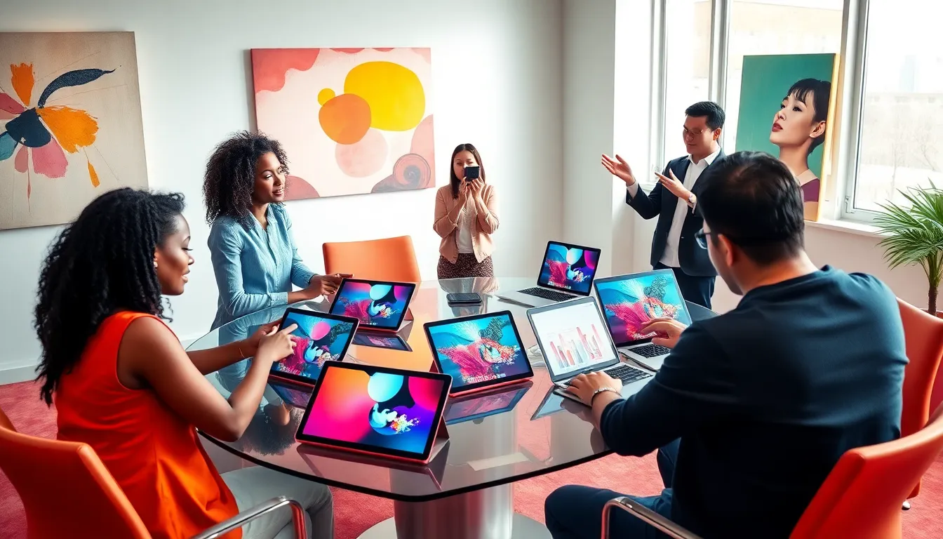 diverse professionals collaborating in a modern digital workspace.