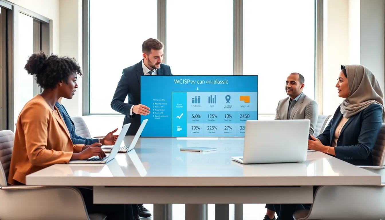 diverse professionals discussing WCISPv loans in a modern office.