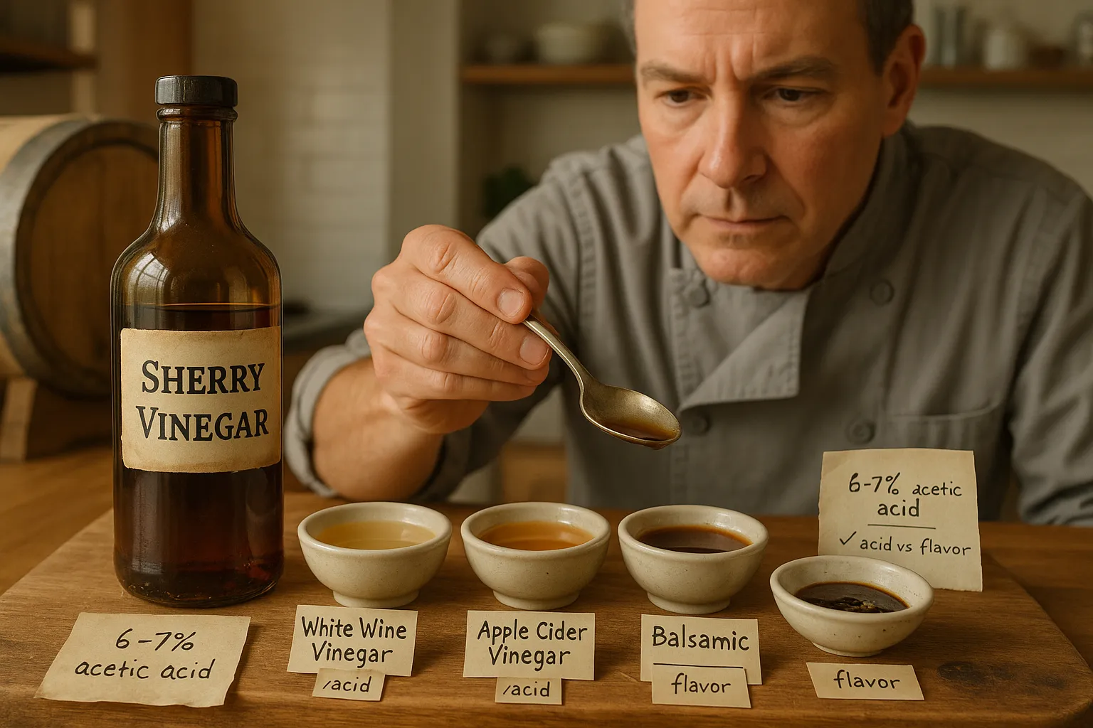 Chef evaluating sherry vinegar and four tasting bowls of substitute liquids.