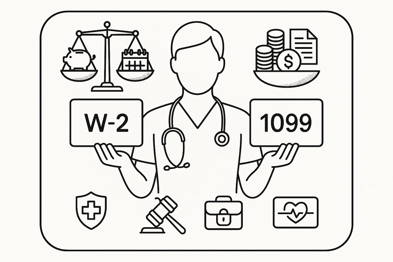 Nurse practitioner holding W‑2 and 1099 cards with balance scale and risk icons.