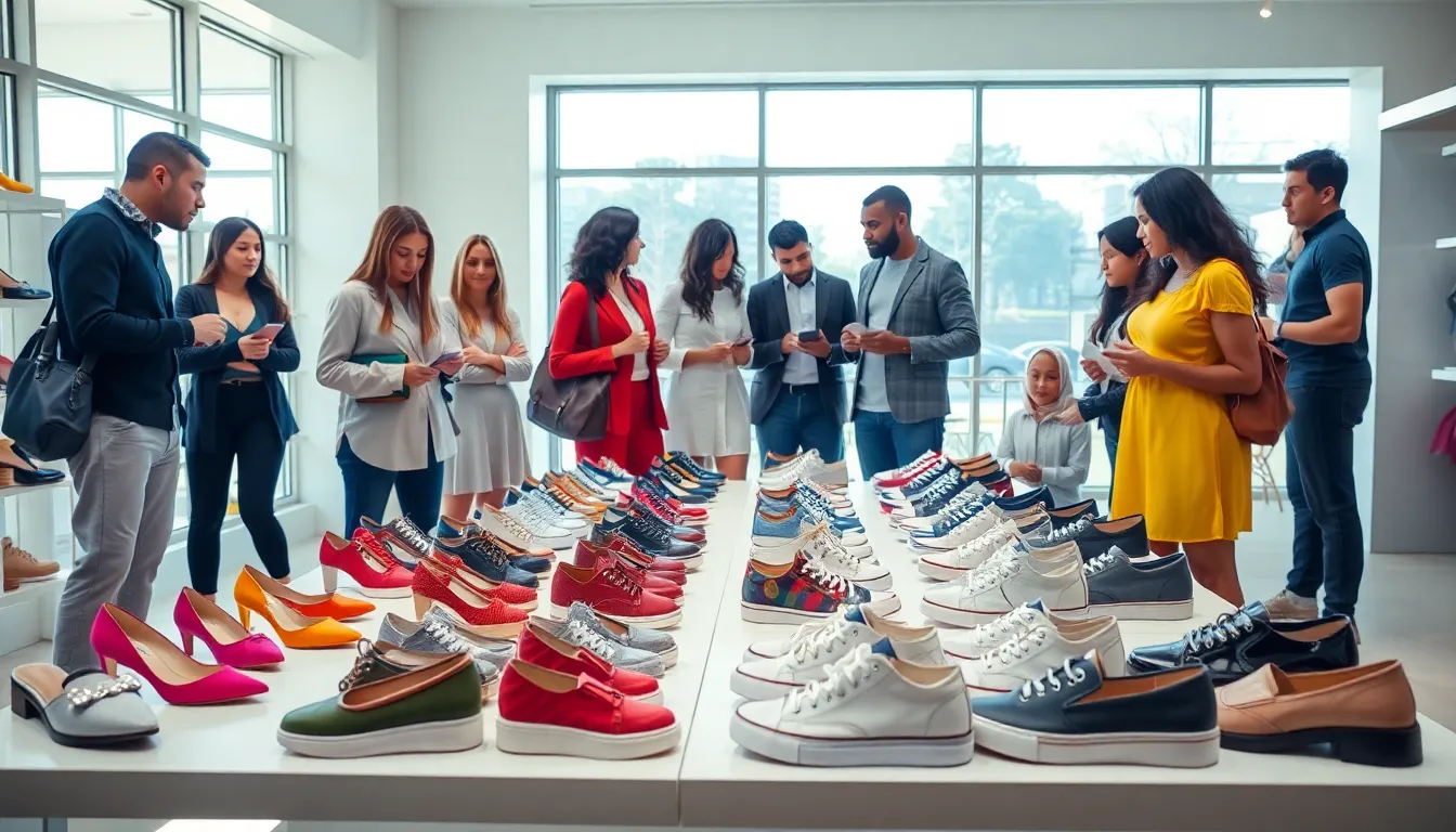 A diverse group examining stylish lifestyle footwear in a modern store.