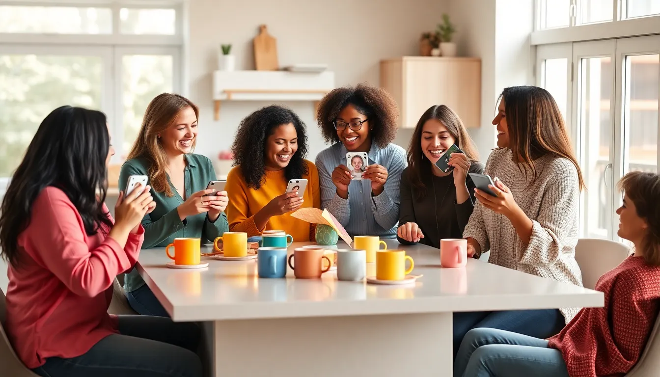 diverse mothers sharing laughs over parenting memes in a modern kitchen.