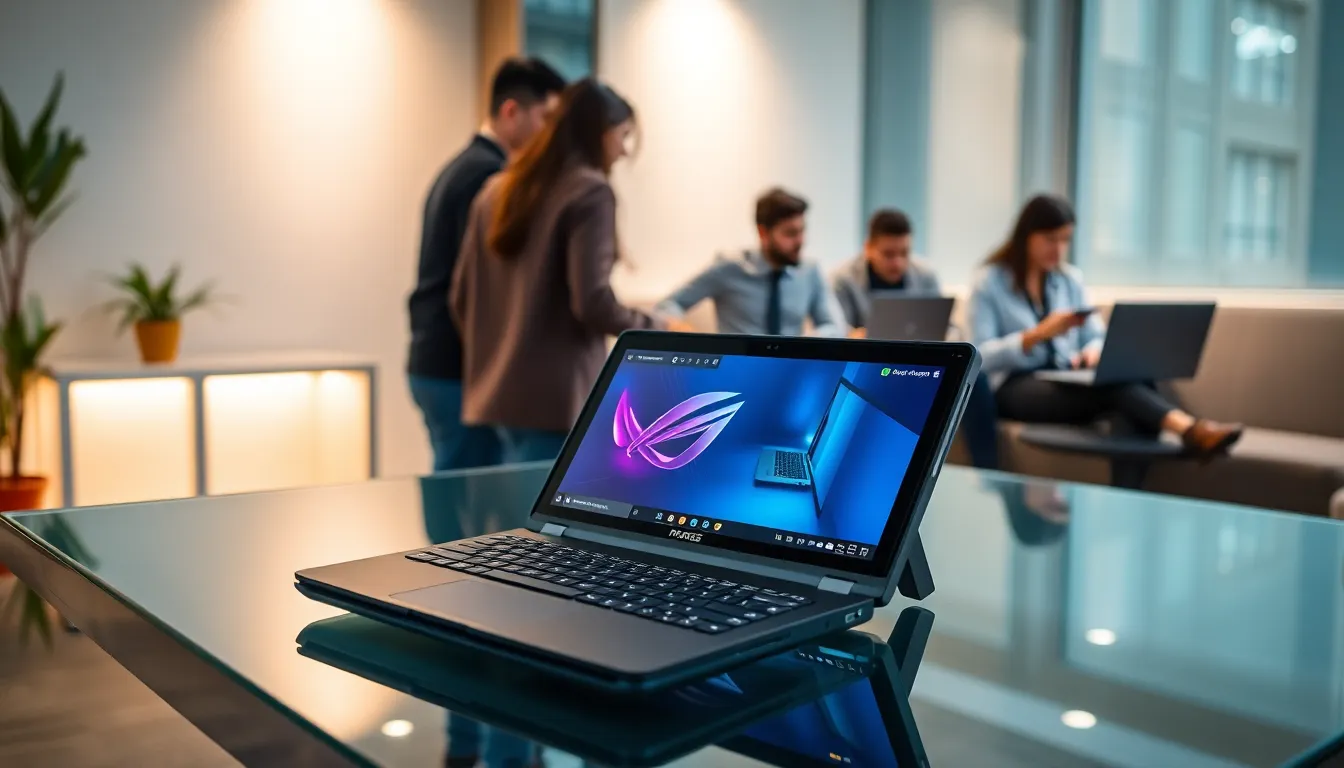 A gaming professional using an ROG Handheld PC in a modern workspace.