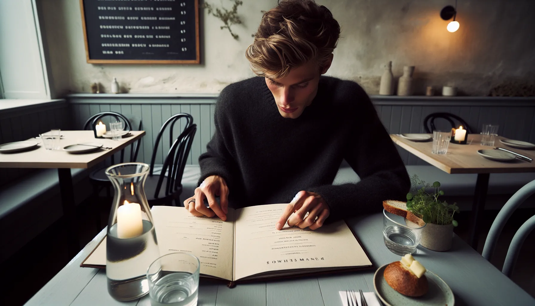 Diner studies norwegian menu sections and specials, weighing sauces, sides, and courses.