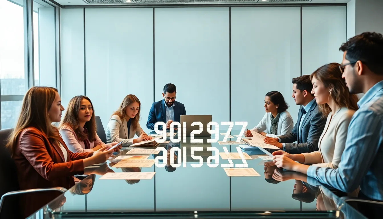 diverse team discussing the significance of the number 9029123279 in a modern office.