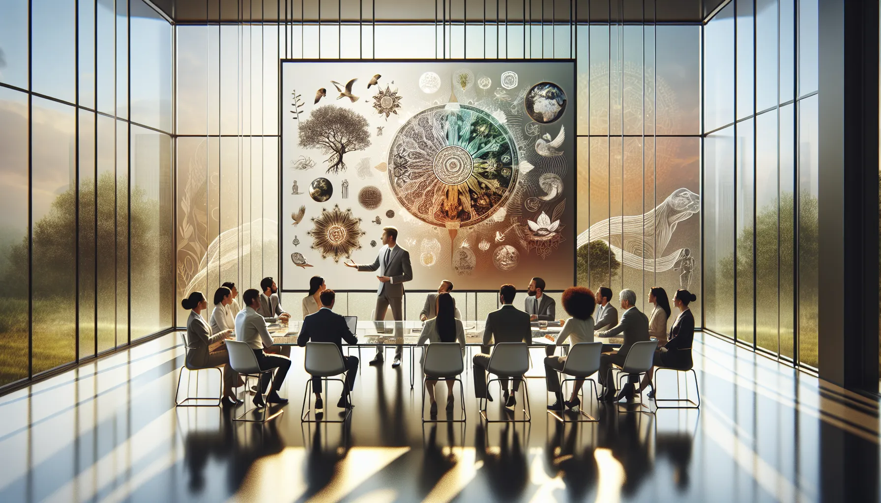 diverse professionals discussing cultural heritage in a modern office.