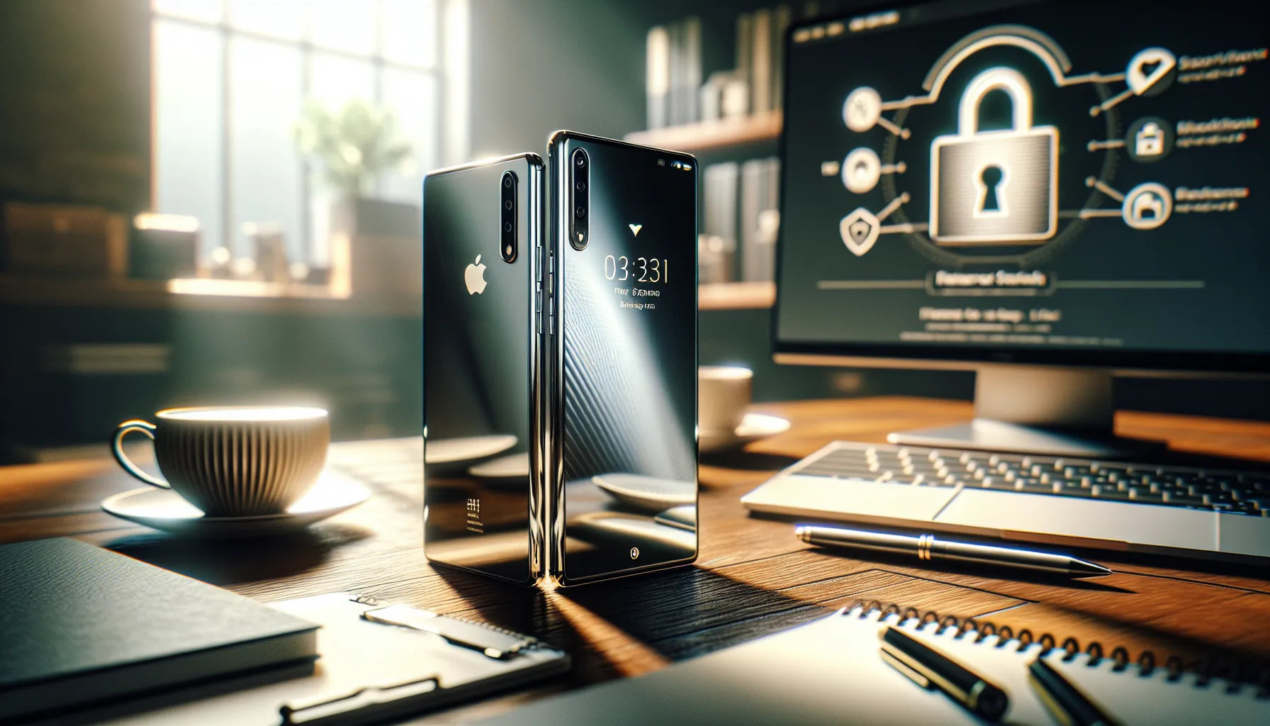 a close-up of an iPhone and an Android phone on a desk.