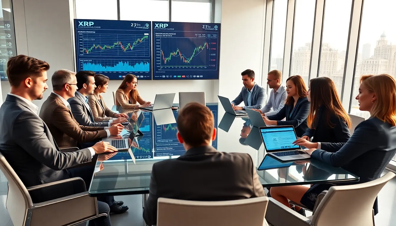 diverse professionals discussing cryptocurrency news in a modern office.