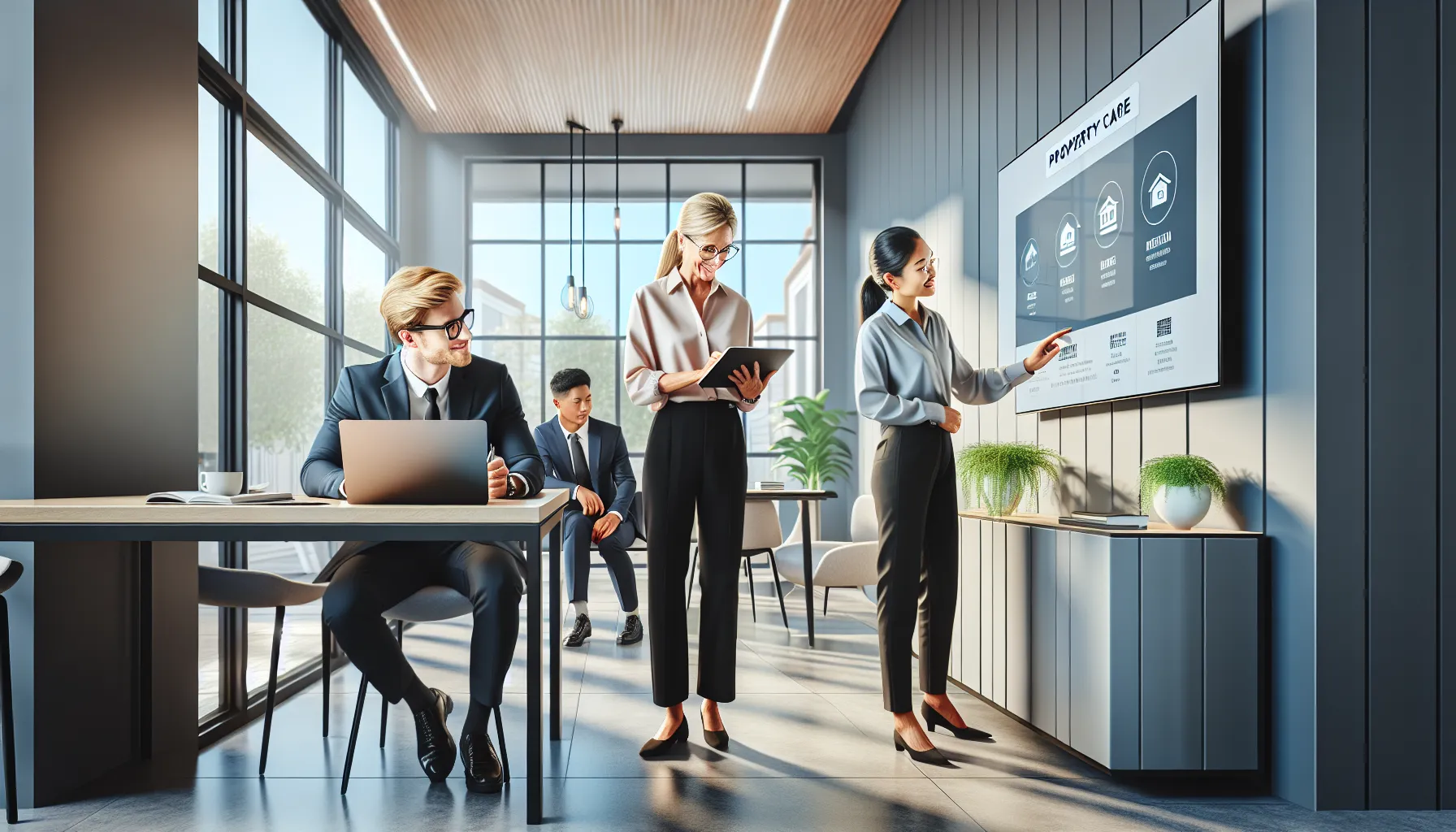 diverse team consulting on property care plans in a modern office.