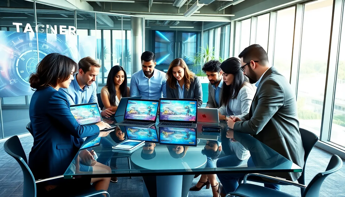 diverse team discussing game development in a modern office.