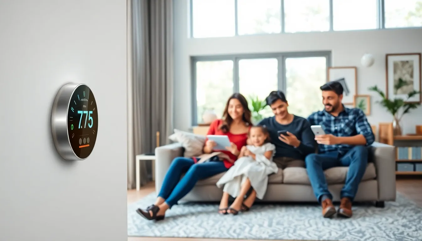 family interacting with smart home devices in a modern living room.