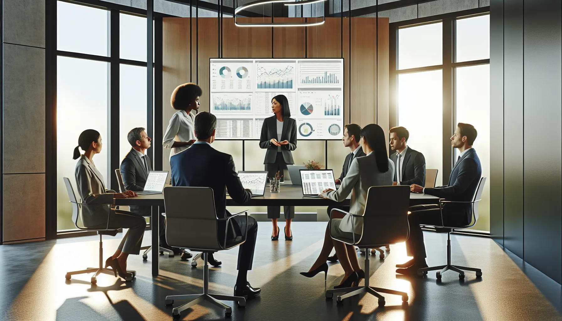 diverse team discussing metrics in a modern office.