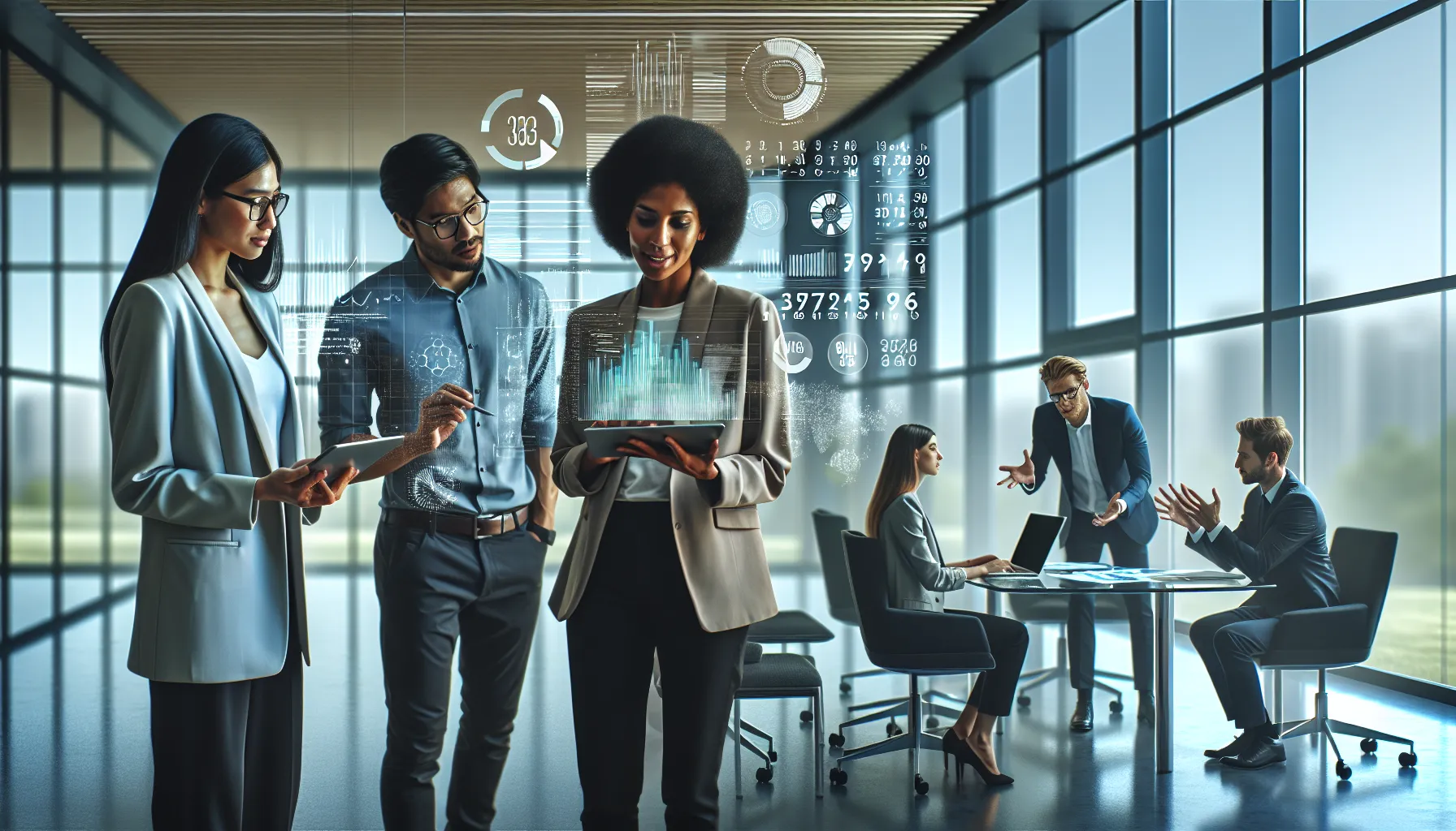 diverse team discussing technology and data in a modern office.