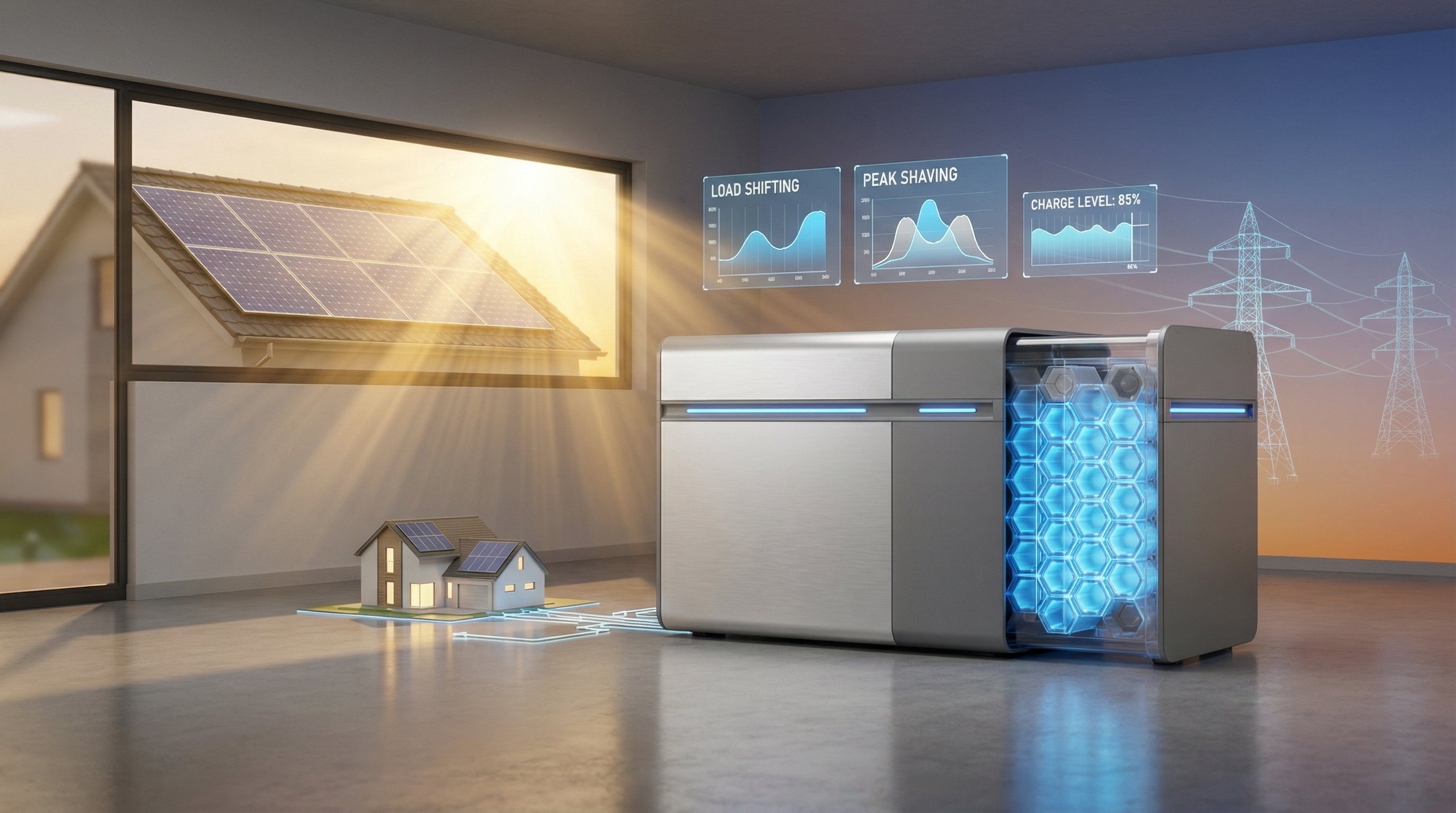 3D render of a residential battery storage unit connected to solar panels in a modern home.