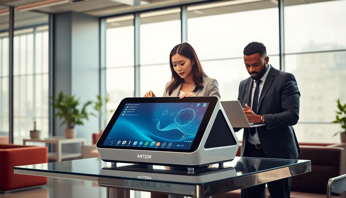 professionals collaborating over the AWT22W device in a modern office.