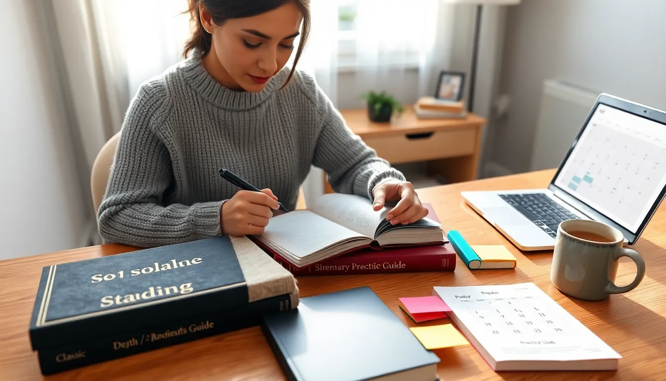 Person organizing a recommended reading list at a sunlit desk with books.