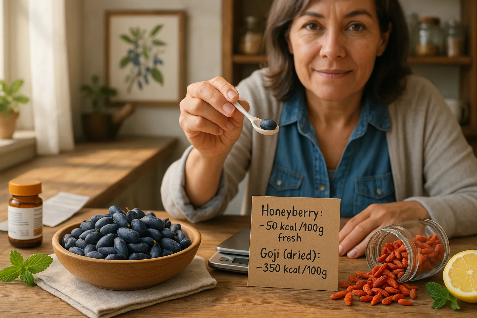 Fresh honeyberries in a bowl beside a jar of dried goji berries on a kitchen counter.