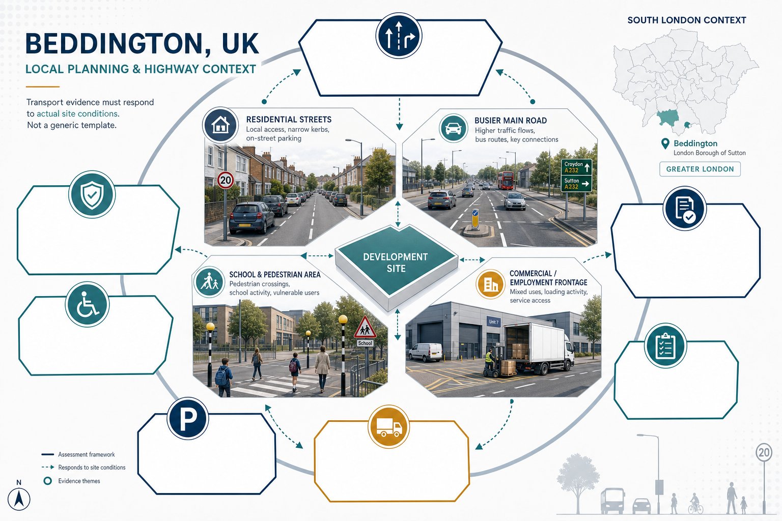 Infographic of Beddington development transport planning factors and highway assessment context.