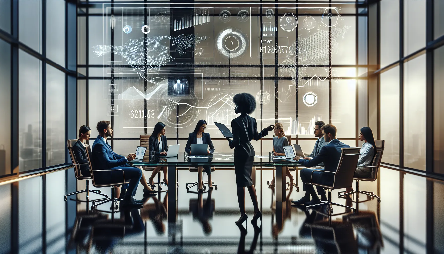 diverse team analyzing data in a modern office setting.