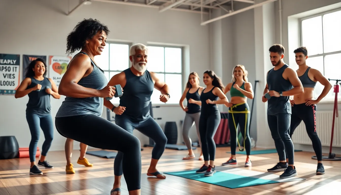a diverse group participating in a fitness training session in a bright studio.