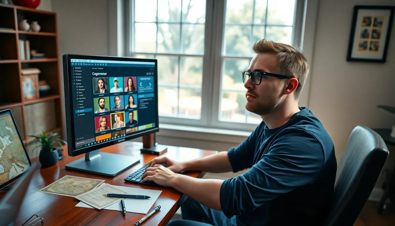 a young man customizing characters on CK2Generator in a home office