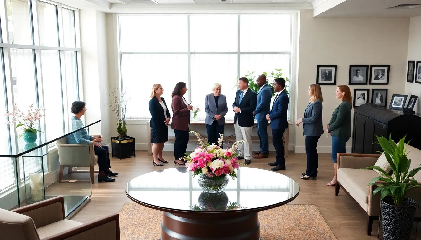 a welcoming funeral home reception area with a diverse team assisting families.