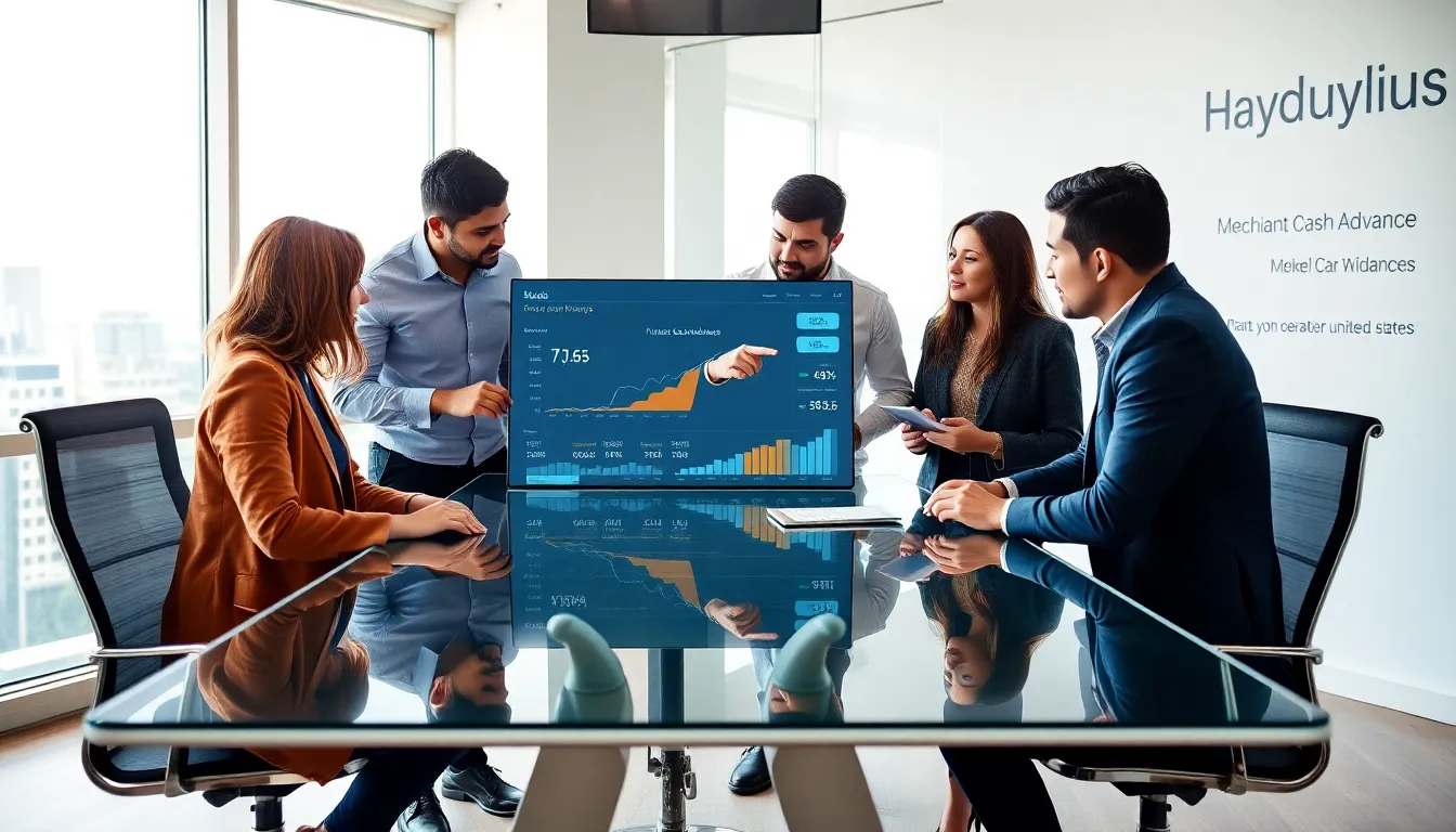 team discussing merchant cash advances in a modern office.