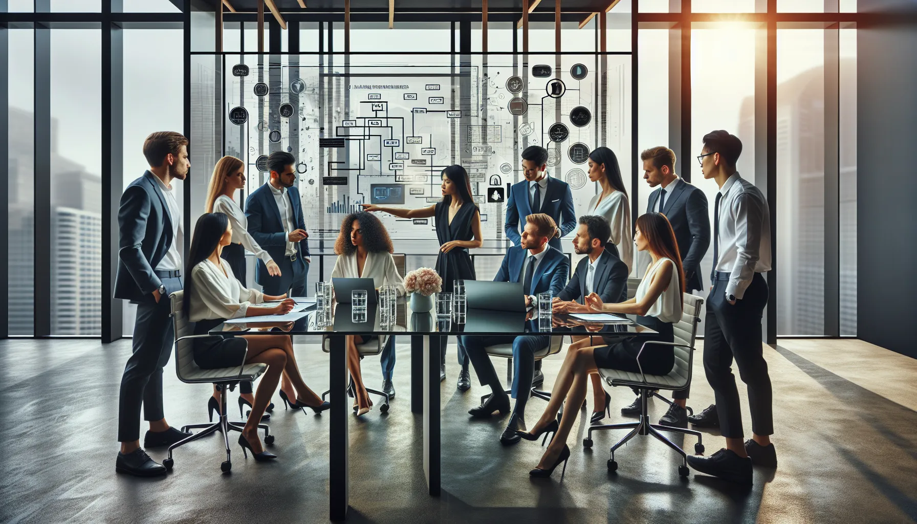 professionals discussing call routing strategies in a modern office.