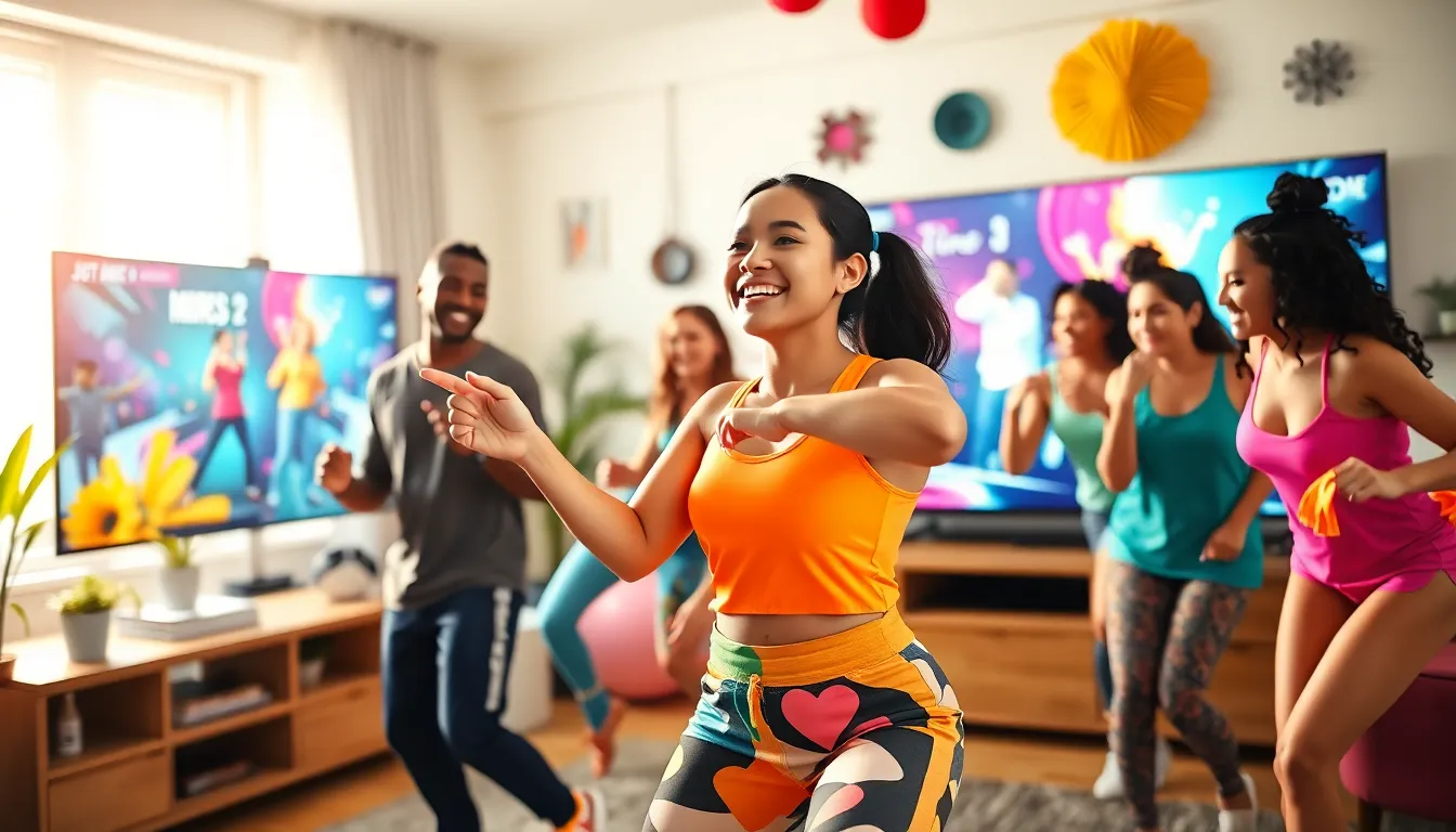 a group of friends dancing together in a lively living room.