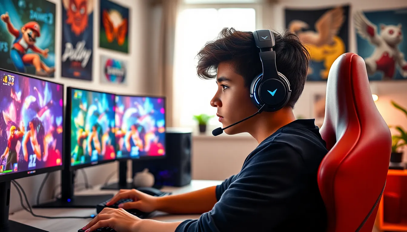 young gamer in a colorful modern gaming setup.