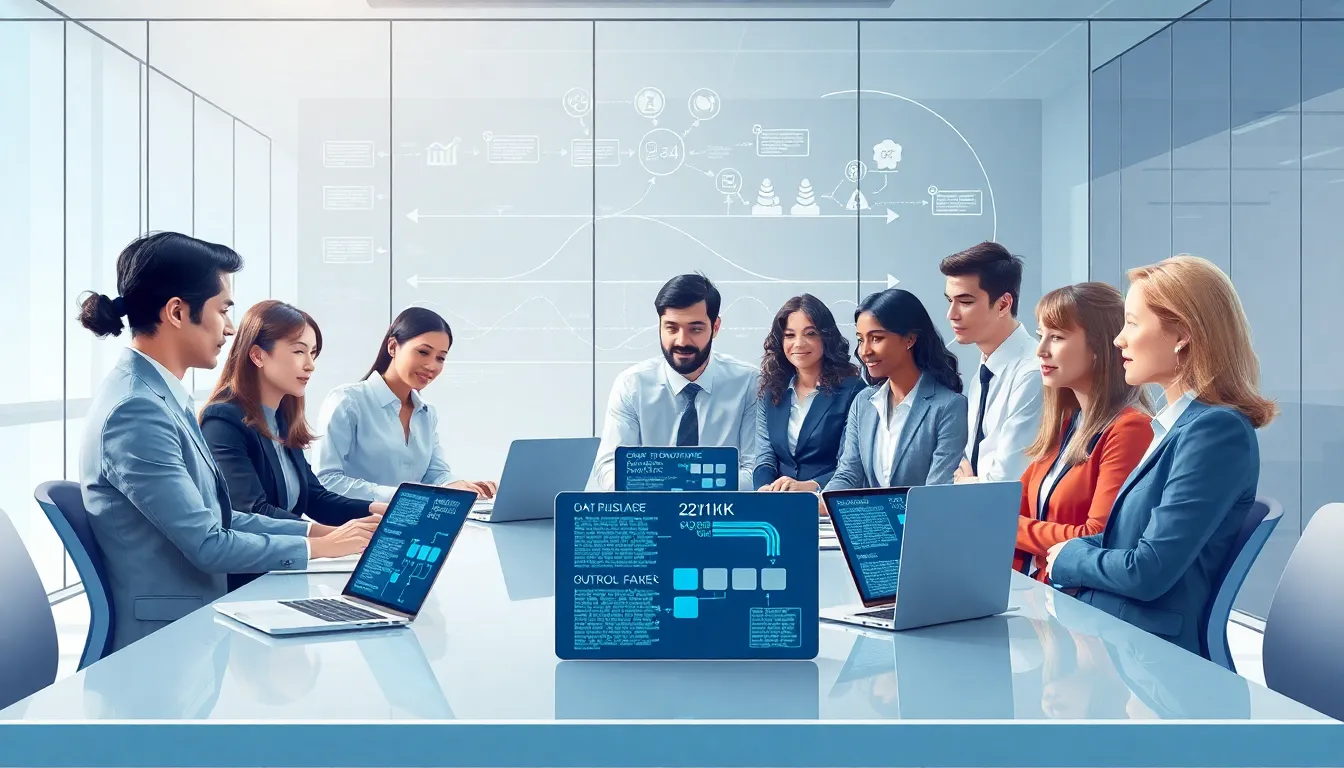 team discussing technology in a modern office setting.