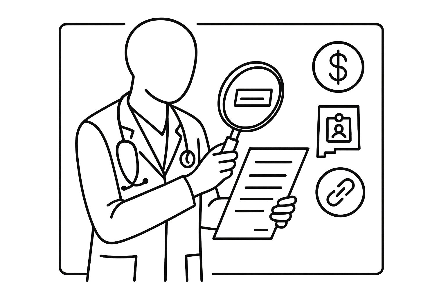 Nurse practitioner examining a contract with magnifying glass and three risk icons of New Mexico Nurse Practitioner Contract Review.