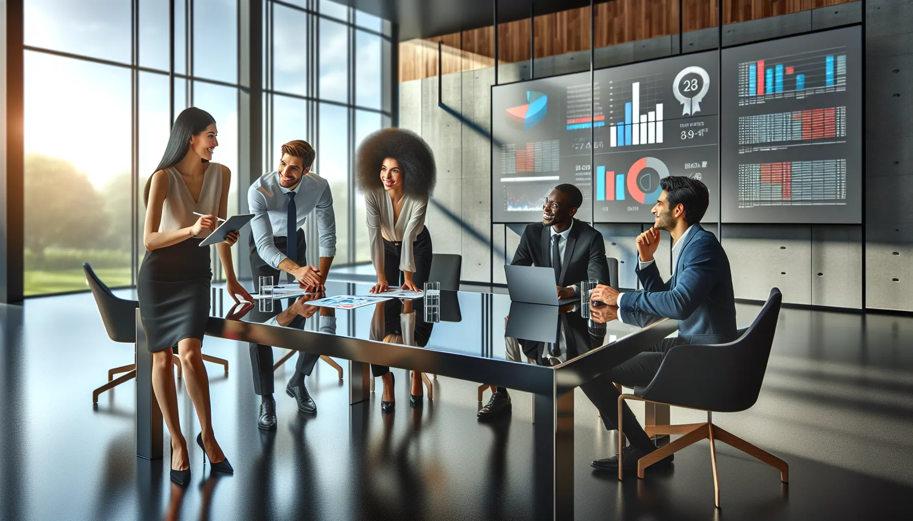 team discussing marketing campaigns in a modern office.