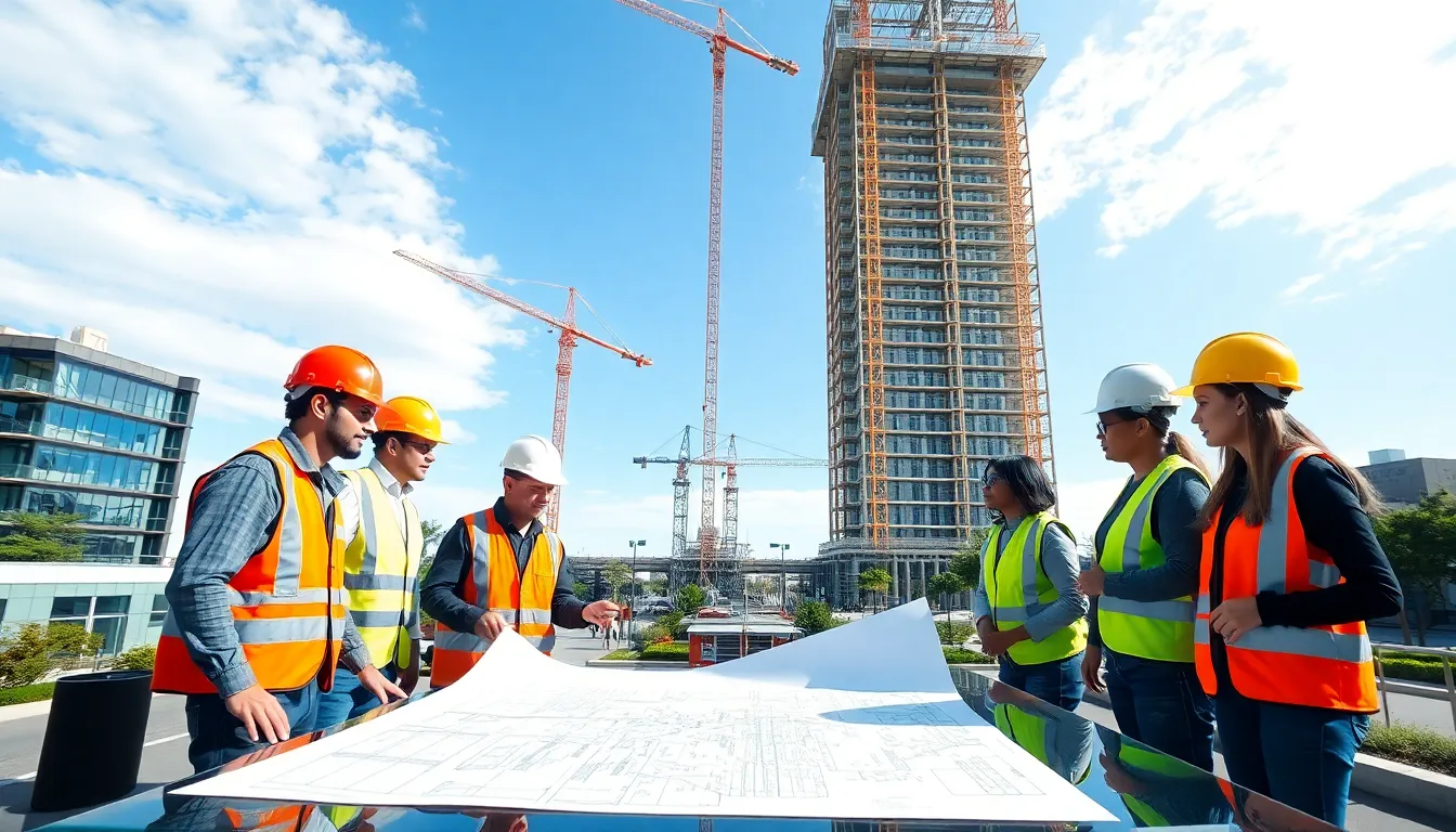 diverse construction team collaborating on a commercial office building.