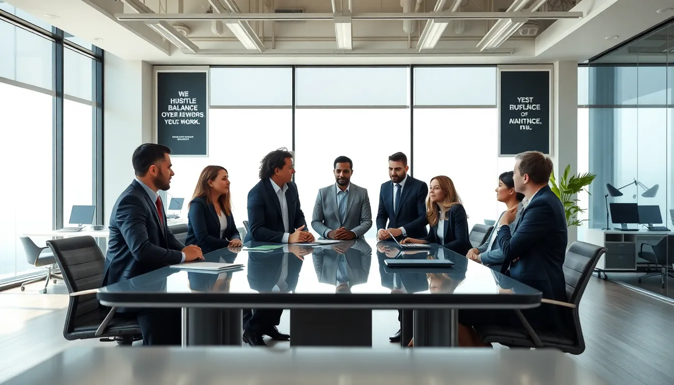 diverse team discussing the pressures of hustle culture in a modern office.