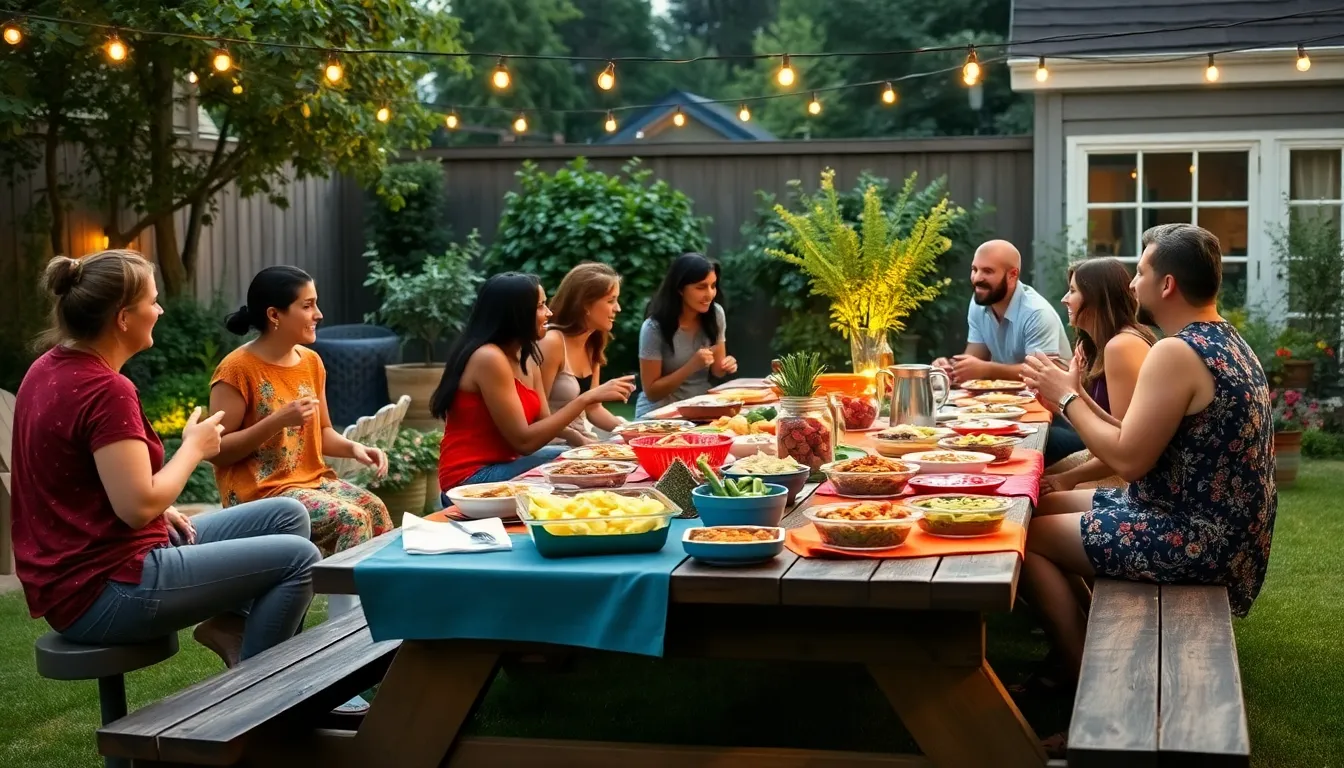 diverse guests enjoying a casual potluck in a cozy backyard.