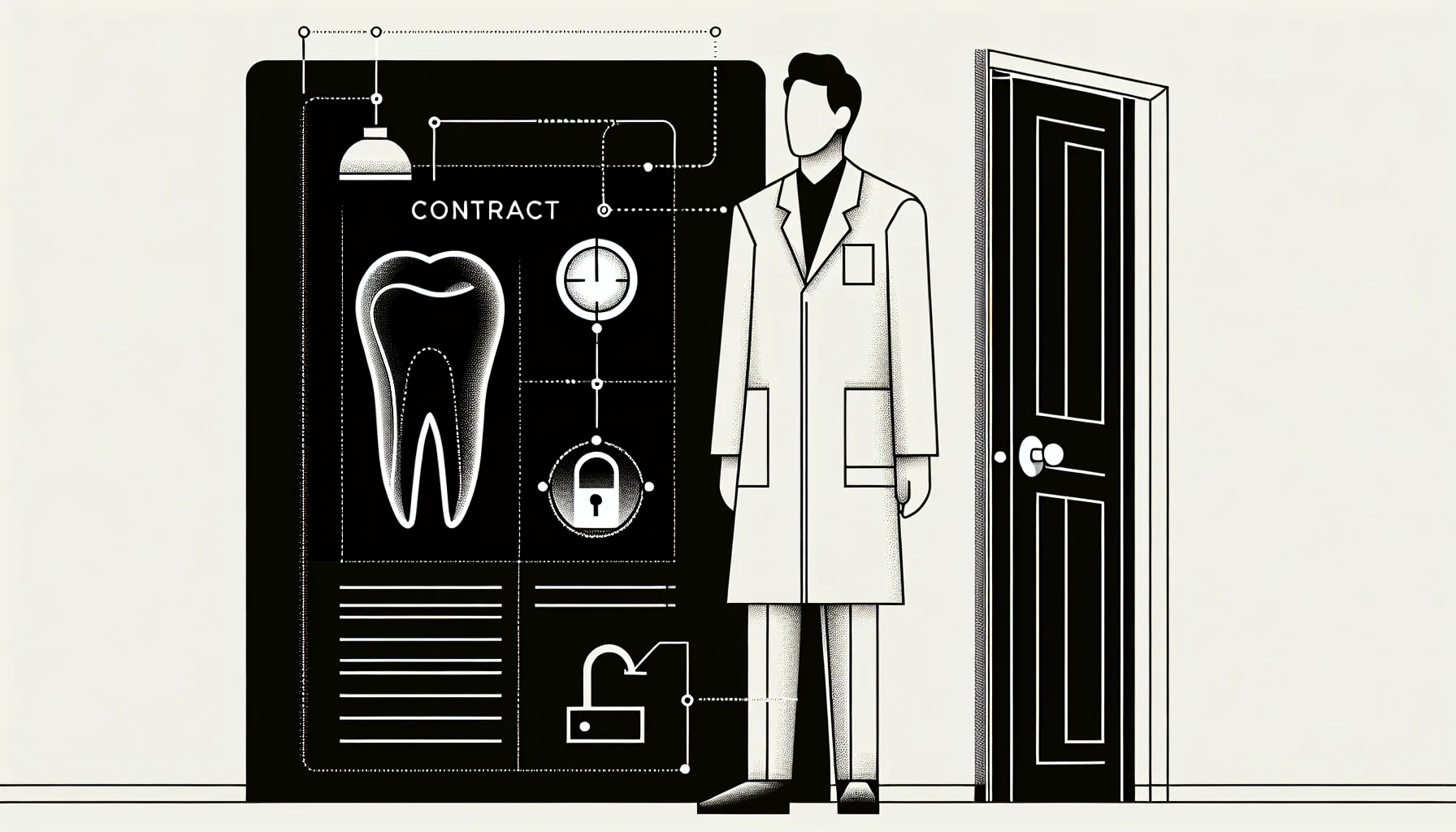 A dental associate chained to a contract document with calendar and clawback icons.