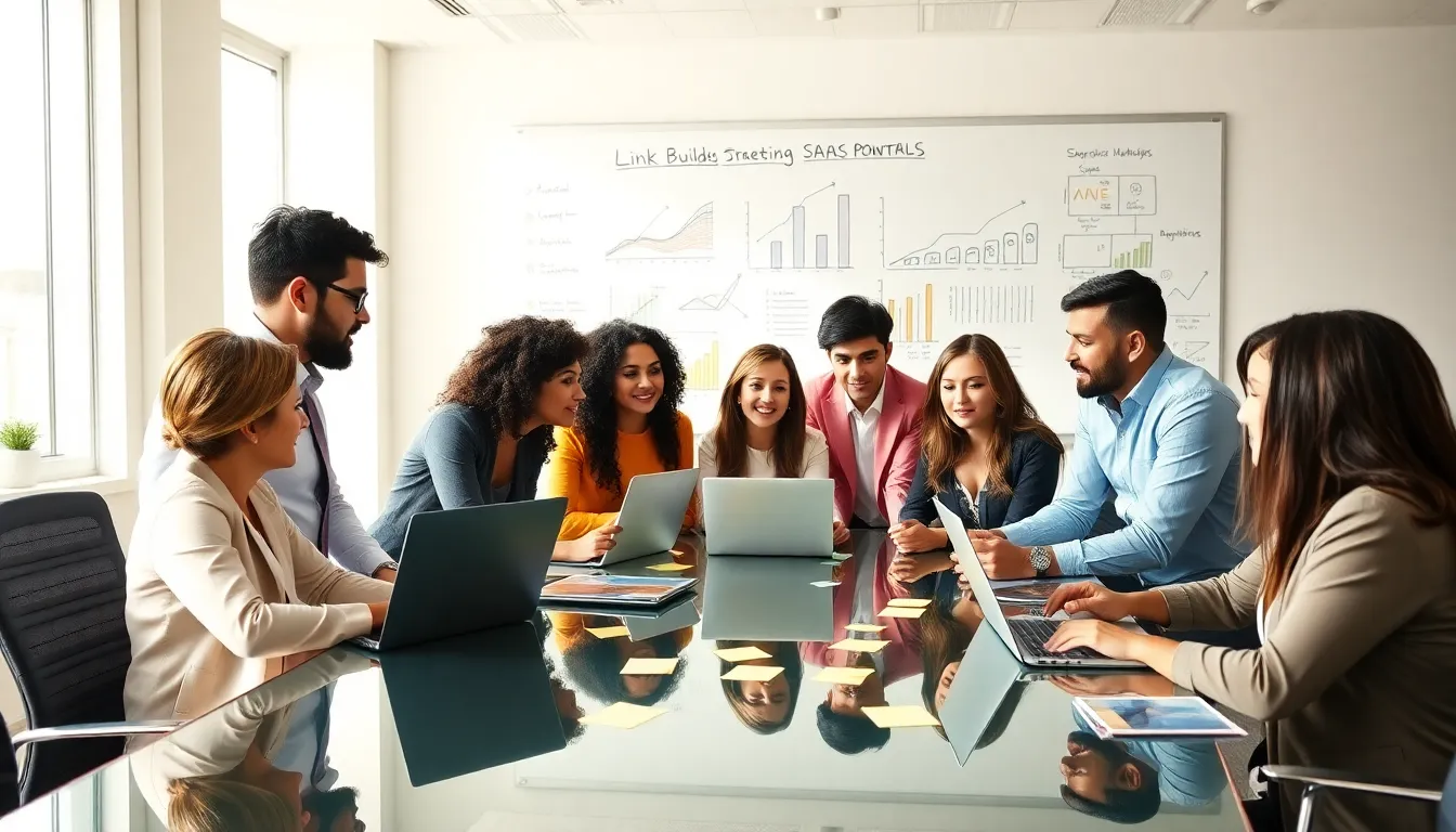 diverse team collaborating on SaaS link building strategies.
