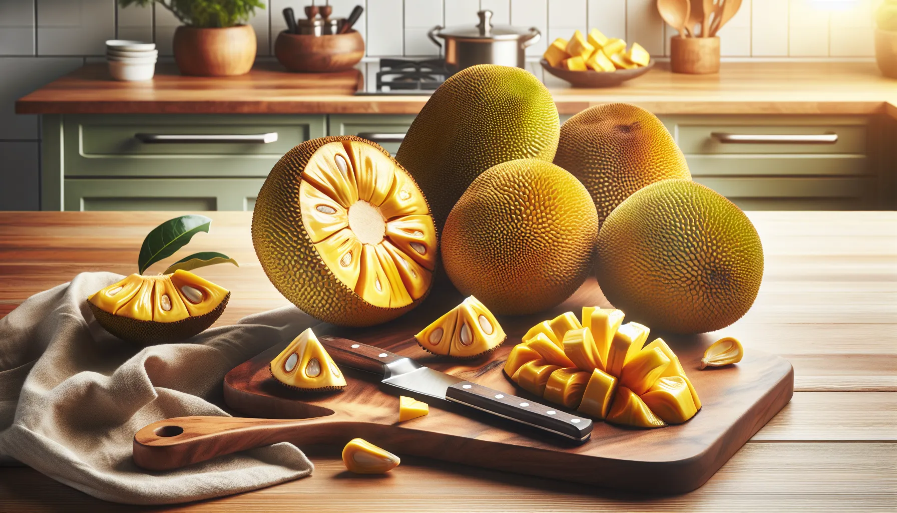 freshly sliced jackfruit showcasing yellow pods in a modern kitchen.