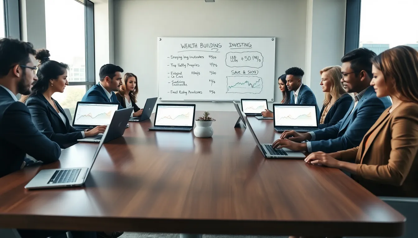 diverse group learning wealth building principles in a modern office.