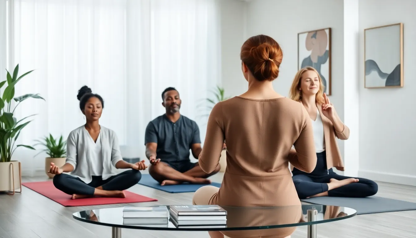 diverse team practicing mindfulness in a modern office environment.