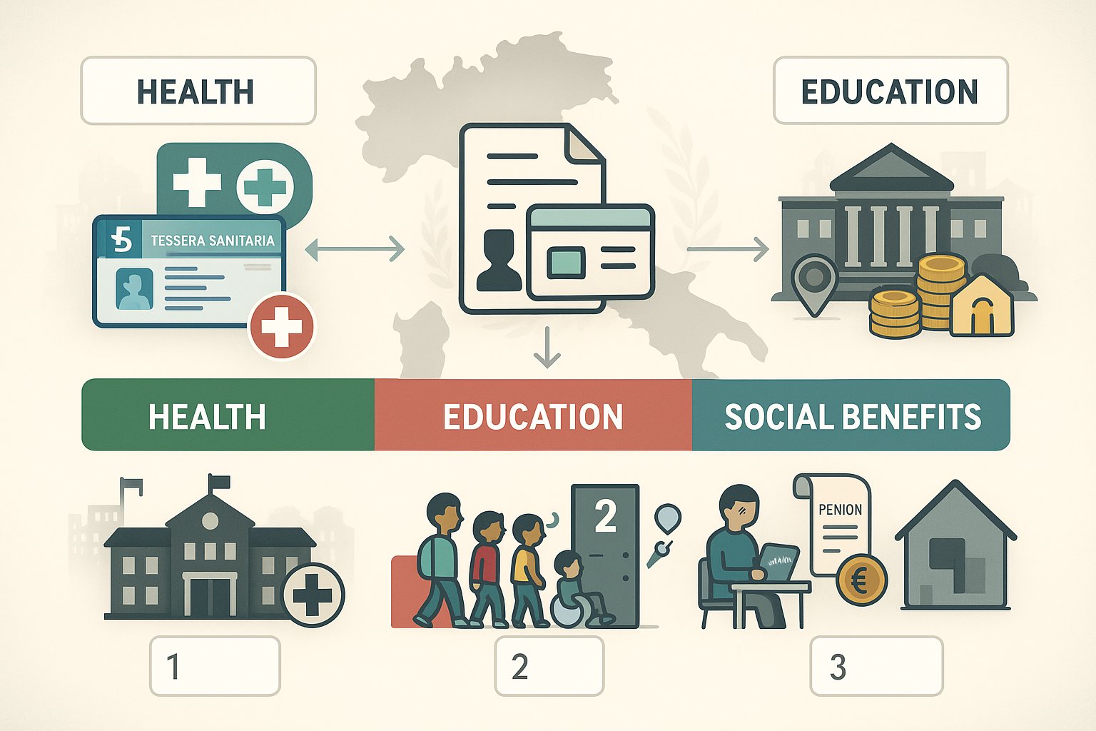 Infografica che mostra come lo status legale collega gli immigrati alla sanità, educazione e benefici sociali in Italia.