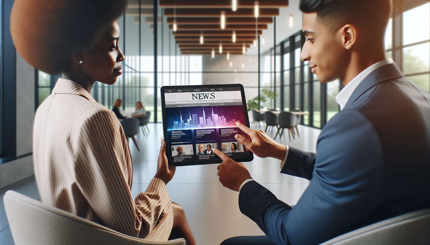 diverse professionals engaging with a digital news interface in a modern office.