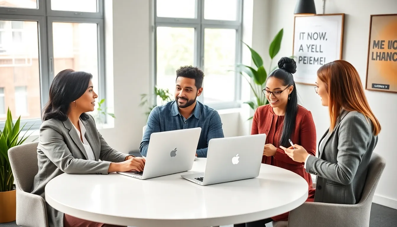 diverse professionals engaged in a mindset coaching session in a modern office.